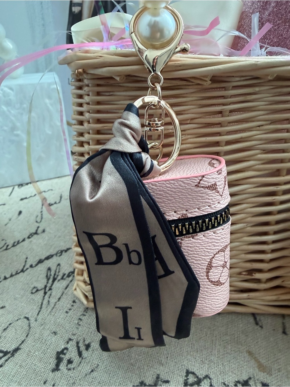 Pink Monogram Keychain Bagcharm Pouch with Silk Scarf Accent